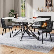 Dining Table Set (120/160 * 68 Cm Dining Table With 4 Chairs), Extendable Dining Table, Modern Kitchen Dining Table Set, Dining Chairs, Dark Gray Kitchen Chairs In Diagonal Patterned Velvet, Black Table Legs - White - View 2