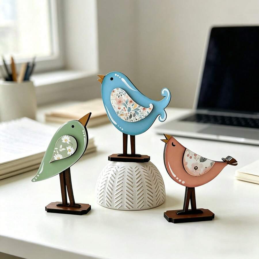 3pcs Wooden Bird Figurines, Rustic Bird Desktop Decor, Spring Decoration, Mother's Day Gift - A - View 1
