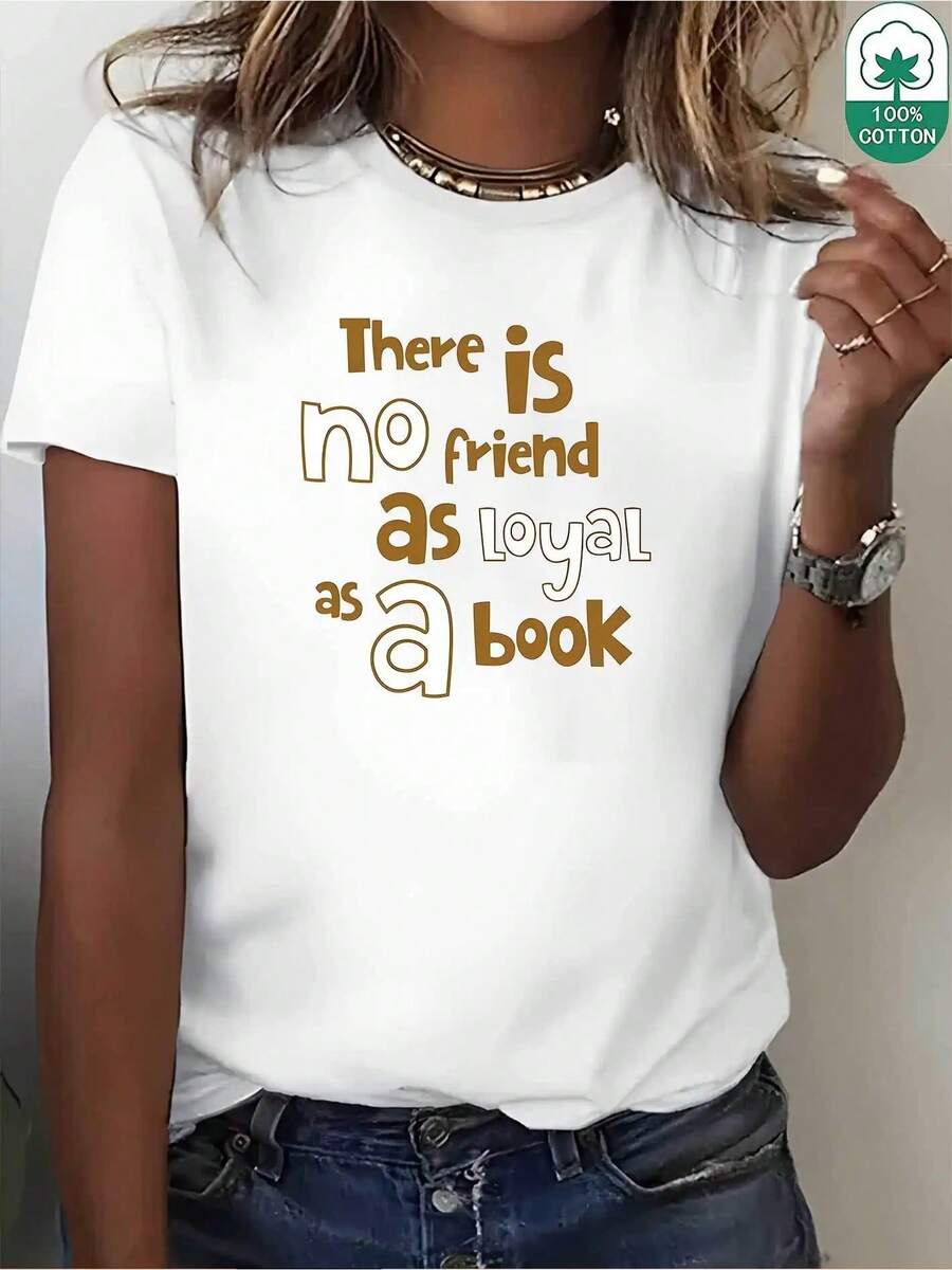 Camiseta 100% 180g de las mujeres - "No hay amigo tan leal como un libro" Impresión gráfica del amante del libro, relajado ajuste corto Sve cuello redondo de la camiseta de verano casual, diseño negro y blanco Bookish para el uso diario y los viajes, rel literario transpirable para lectores y Gif, ropa de viaje, camiseta de declaración, camiseta ligera, tela suave, estampado, regalo de lectores, rel de lectura, miembros del club del libro, ropa de viajeros, moda Bookish