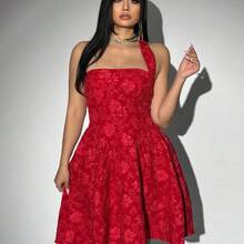 Plus Size Women Jacquard Halter Dress, Black, Valentine's Day, For Summer - Negro - Ver 7