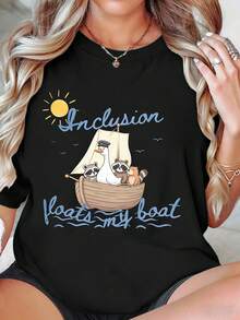 大尺碼女款「Inclusion Floats My Boat」卡通動物字母印花圓領T恤，休閒趣味百搭短袖上衣，春夏款，適合日常穿著、校園風與文化活動，黑色 - 黑色 - 查看 1