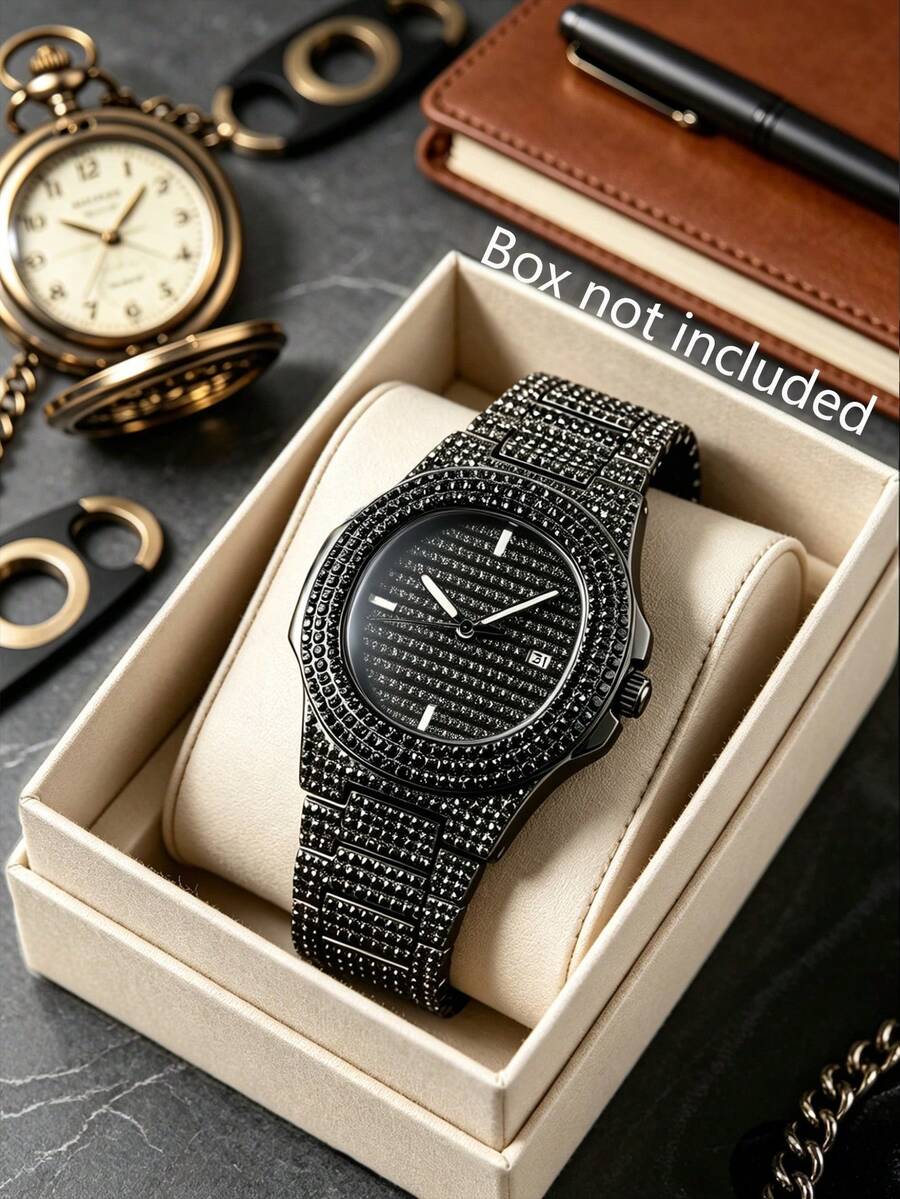 1pc Luxury Men's Wristwatch With Unique Octagonal Dial Design, Fully Embedded With Shiny Black Diamonds. The Textured Dial Features Minimalist Bar Indexes And Date Display Window. - Black - View 1