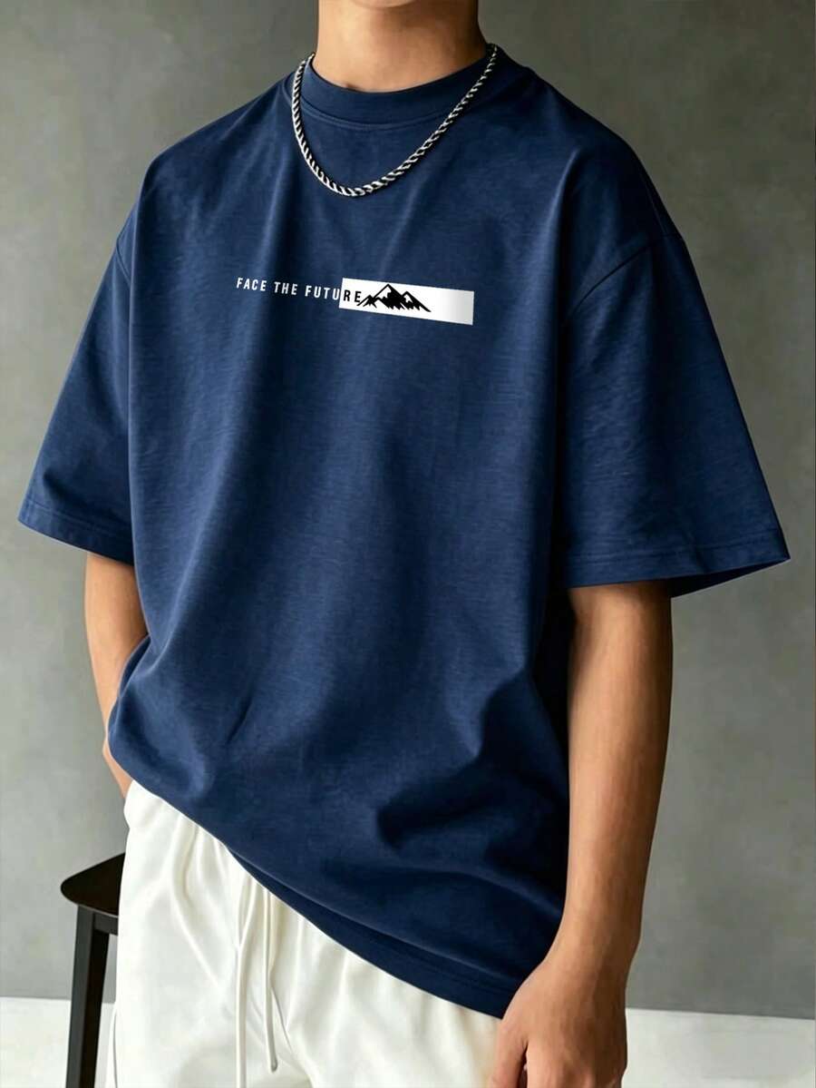 Tween Boys Casual Printed Round Neck Short Sleeve T-Shirt, Summer Top - Navy Blue - View 1