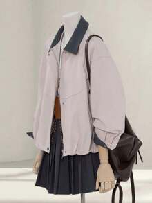 Commuter Style Colorblock Lapel Jacket Coat For Women 2026 Spring/Autumn New Loose Versatile Crop Top For Petite Pink - Pink - View 1