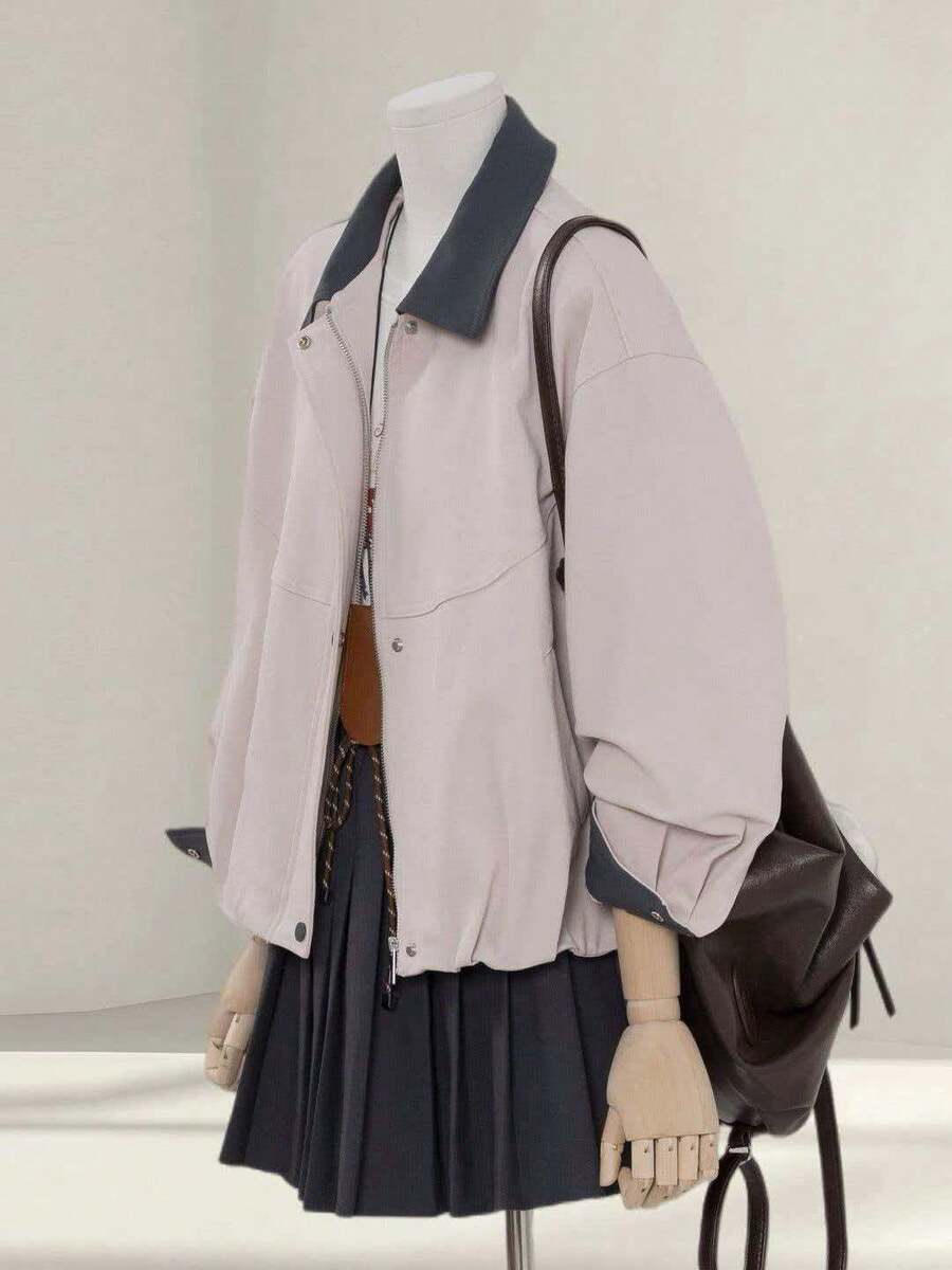 Commuter Style Colorblock Lapel Jacket Coat For Women 2026 Spring/Autumn New Loose Versatile Crop Top For Petite Pink - Pink - View 1