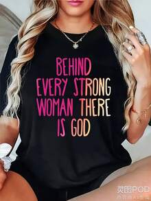 Women's Christian Faith T-Shirt And Uni - Behind C Woman Strong Is God Bible Verse, Pink And White Letters On Black, Loose Lightweight Breathable All Time Church, Inspirational Religious Clothing Church Events And Everyday - 黑色 - 查看 1
