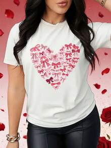 Camiseta corta de mujer (pieza única): Características de un estampado de arco y corazón, estilo dulce y romántico, perfecto para el uso diario en el día de San Valentín - Blanco - Ver 2