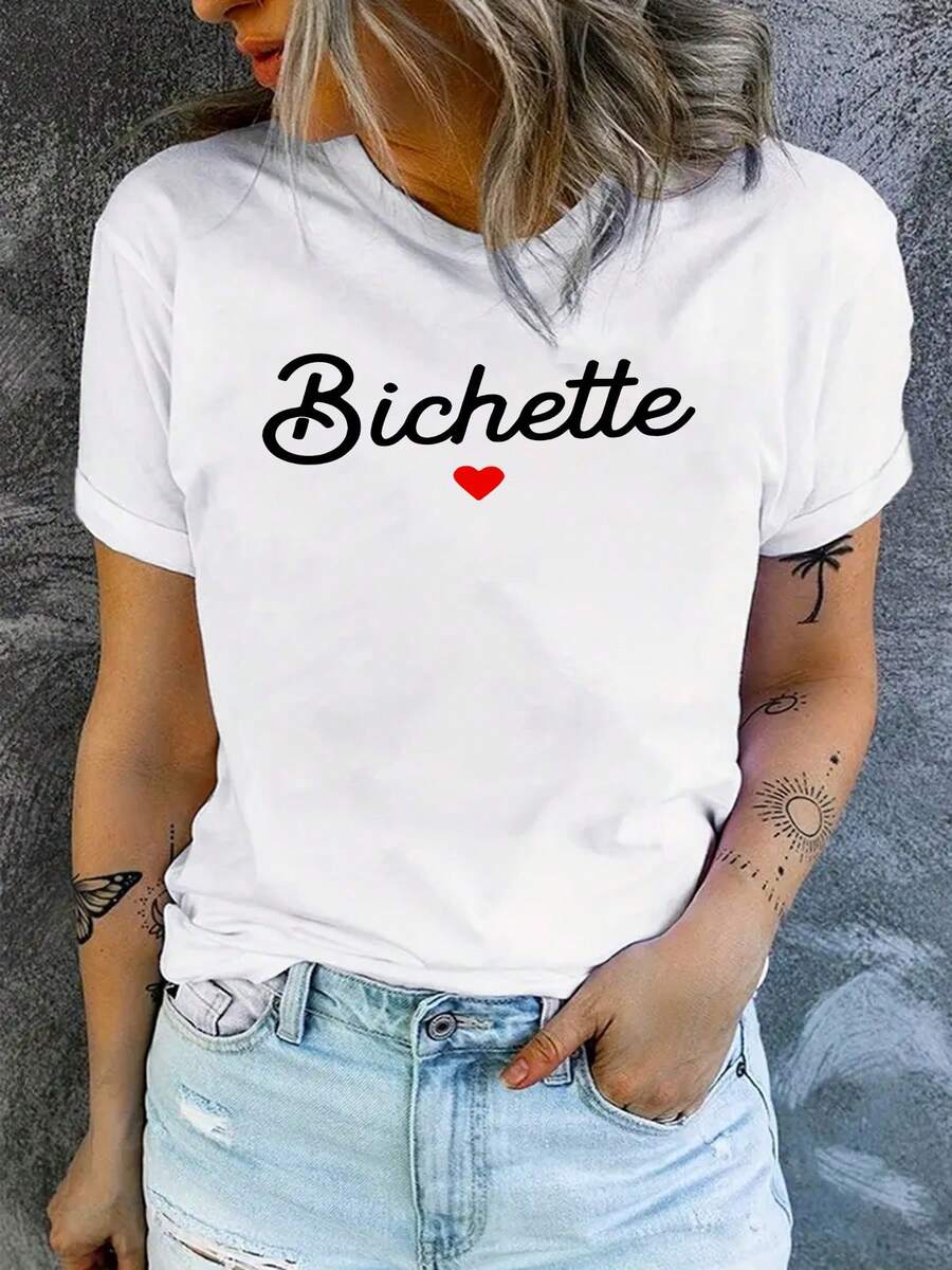 Camiseta con estampado de letra de mujer | Top de cuello de tripulación casual con patrón de alfabeto, longitud regular, para primavera y verano