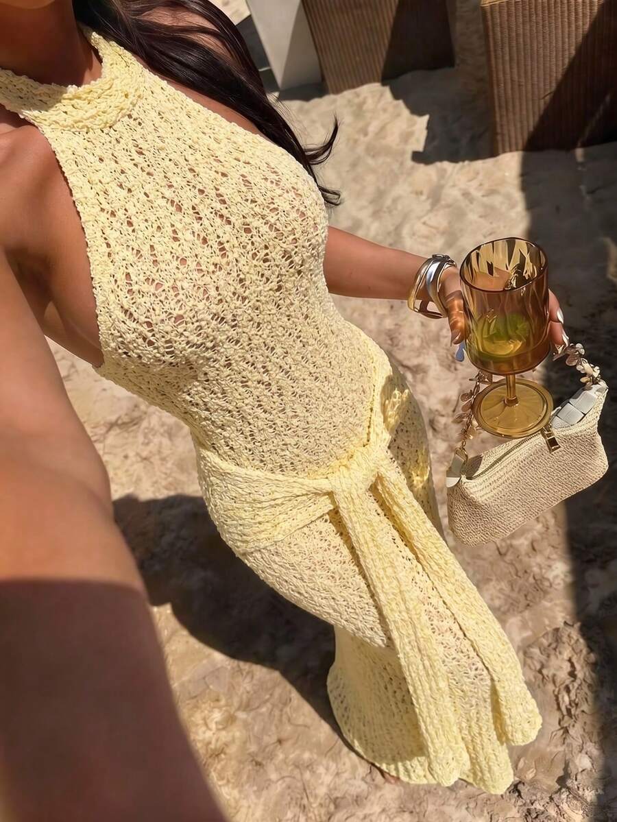 Women's Minimalist Elegant Sleeveless Knit Halter Dress, Chic College Style, Spring/Summer - Yellow - View 1