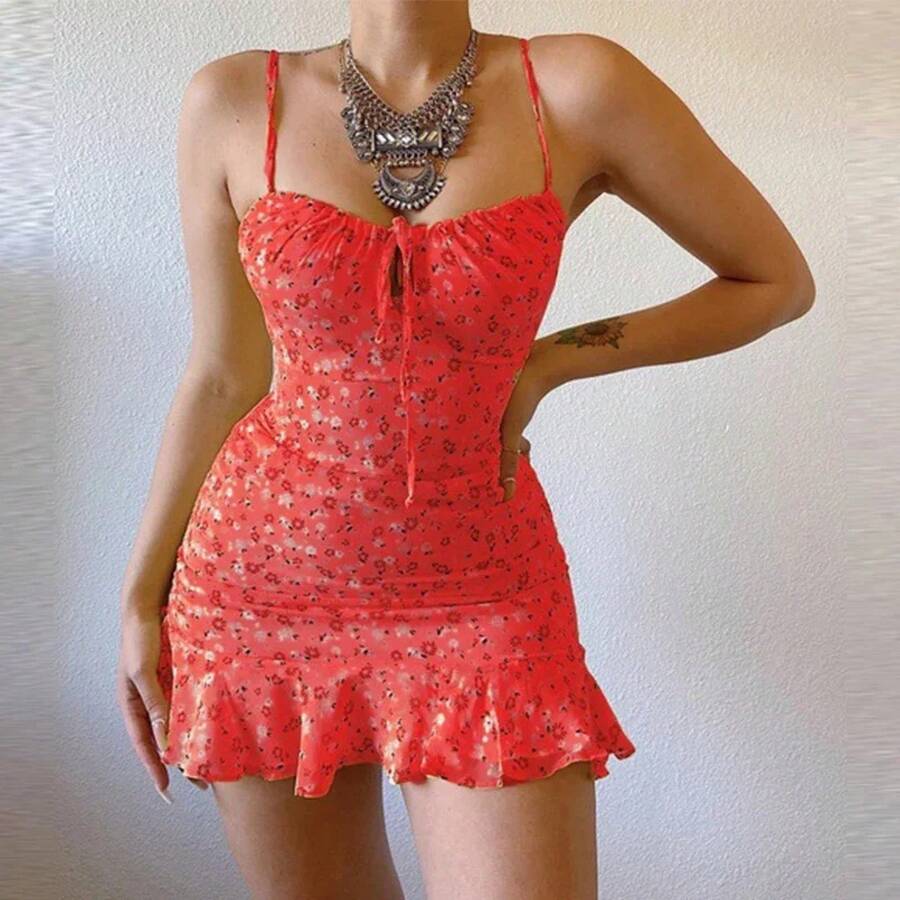 Vestido camisola floral pequeño para mujer, sexy, informal, para el hogar, falda cómoda de verano - Rojo - Ver 1