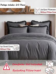 2/3pcs Deep Gray With Black Ruffle Trim, 1pc Duvet Cover + 1/2pcs Pillowcase (Inserts Not Included), Suitable For Indoor Decor, Daily Use, Polyester Soft & Skin-Friendly, Applicable For Master Bedroom, Guest Room, Secondary Bedroom, All Seasons - Multicolor - View 3