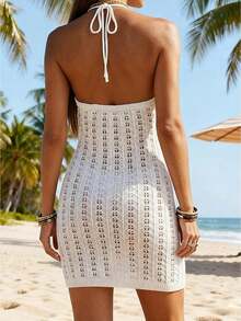 Vestido de punto de ganchillo para mujer, color liso, para cubrirse del agua, con aberturas, tejido, sin mangas, cuello halter, minivestido para la playa. - Blanco - Ver 1
