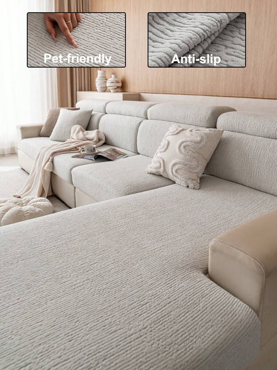 1pc Solid Color Plush Elastic Sofa Cover, Bohemian Style Sofa Slipcover, Protects Sofa From Slipping And Scratches, Suitable For 1/2/3/4 Seat Sofas, Machine Washable, For All Seasons - Light Grey - View 1