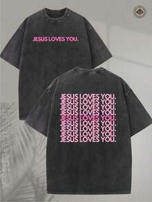 T-Shirt With Intense Washed Effect - T-Shirt With Religious Print 'Jesus Loves You', Lettering In Pink, Green And Pink, Double-Sided Print - Christian Clothing, Unisex Crew Neck T-Shirt, Suitable For Church, Casual Wear, Ideal For Gifting - Machine Washable, Soft Crew Neck (Retro Style, Heavyweight, Unisex). - 黑色 - 查看 1