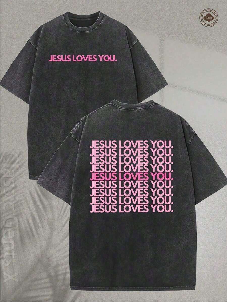 T-Shirt With Intense Washed Effect - T-Shirt With Religious Print 'Jesus Loves You', Lettering In Pink, Green And Pink, Double-Sided Print - Christian Clothing, Unisex Crew Neck T-Shirt, Suitable For Church, Casual Wear, Ideal For Gifting - Machine Washable, Soft Crew Neck (Retro Style, Heavyweight, Unisex). - 黑色 - 查看 1