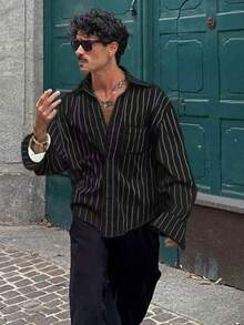 Camisa de manga larga con rayas finas para hombre, estilo casual y elegante adecuado para primavera y otoño - Negro - Ver 1