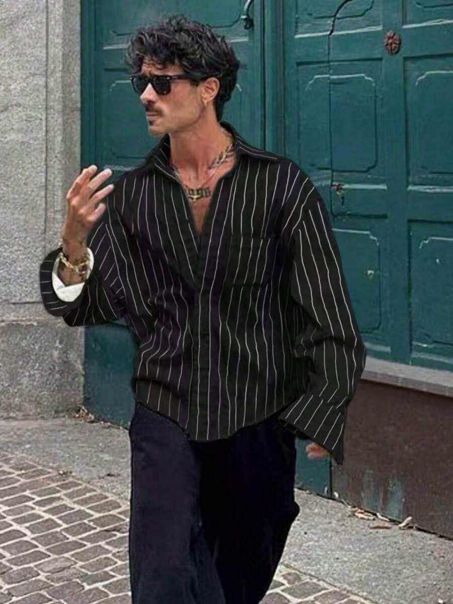 Camisa de manga larga con rayas finas para hombre, estilo casual y elegante adecuado para primavera y otoño - Negro - Ver 1