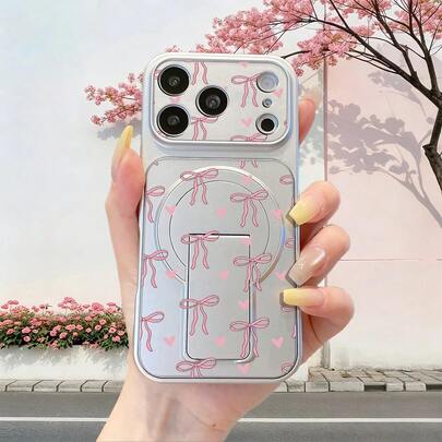 1pc Fashion Pink Bow Heart Pattern Silver Soft Touch Kickstand Phone Case, Shockproof Full Coverage With Precise Cutouts, Suitable For IPhone, Stylish & Protective, Ideal Choice For Fashion Enthusiasts, Supports Desktop Placement