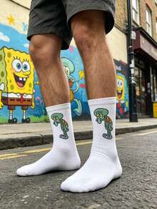 SpongeBob SquarePants 1 đôi tất nam màu trắng in hình bạch tuộc hoạt hình, tất ngộ nghĩnh và thoải mái để mặc hàng ngày. - Nhiều màu - Xem 6