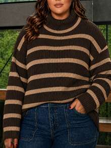 Women's Plus Size High Neck Long Sleeve Blouse, Elegant, Casual, Basic, Winter, Cold Weather, Thermal Knit - 棕色/米色 - 查看 5