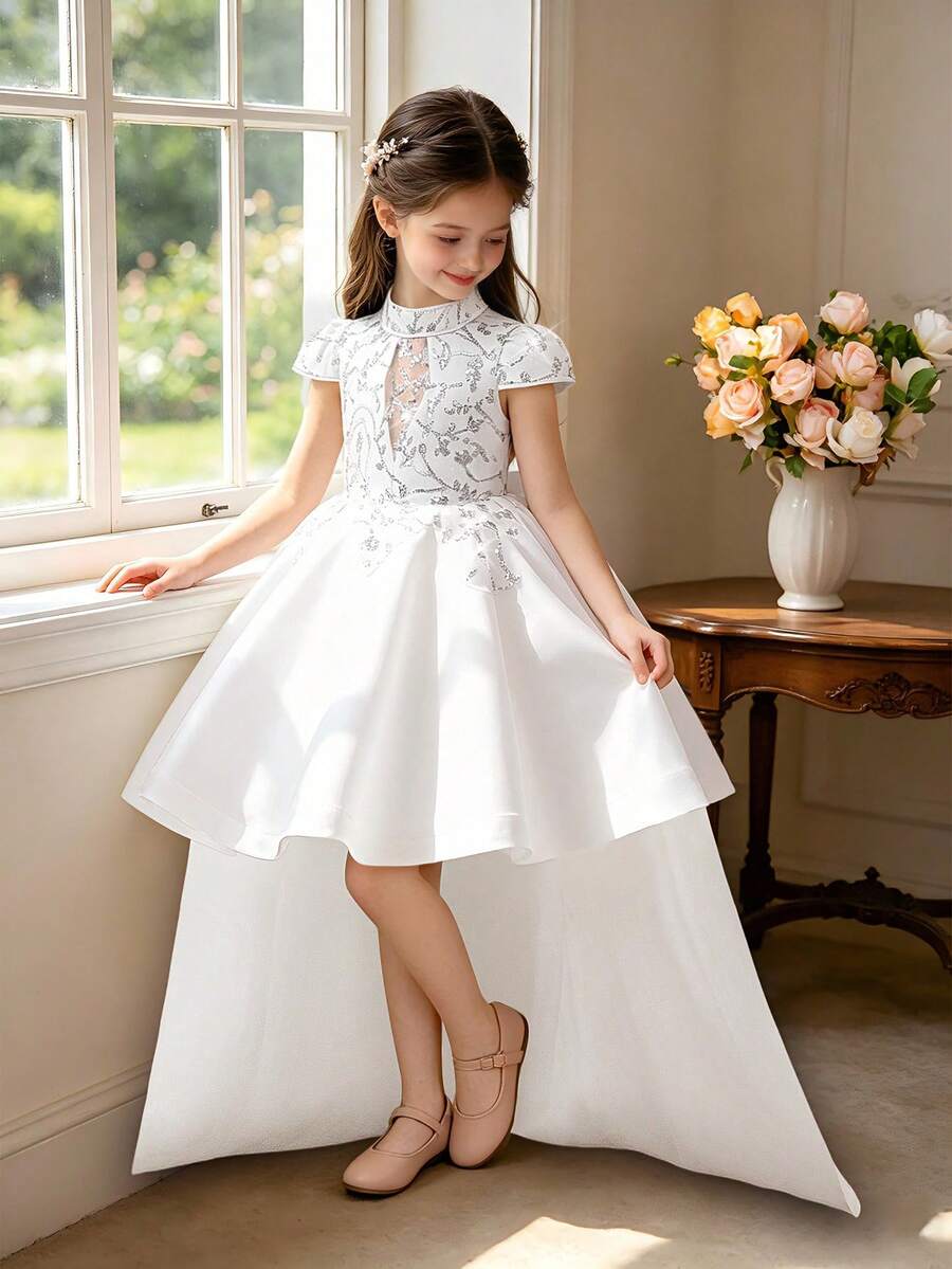 Vestido elegante con cola para niñas jóvenes, manga corta, bordado de lentejuelas en satén, adecuado para fiestas y pasarelas, patrón de tela cortado al azar, diadema no incluida - Blanco - Ver 1