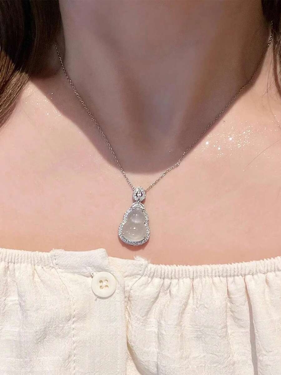 1 chiếc dây chuyền mặt hình quả bầu bằng đồng sang trọng, khảm đá Zirconia và mã não tinh tế, trang sức thanh lịch phù hợp cho phụ nữ đeo hàng ngày. - Bạc - Xem 1