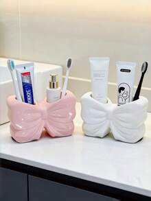 1pc Bowknot Toothbrush Holder, Bathroom Vanity Toothbrush And Toothpaste Holder, Storage Rack Base. - Multicolor - View 1