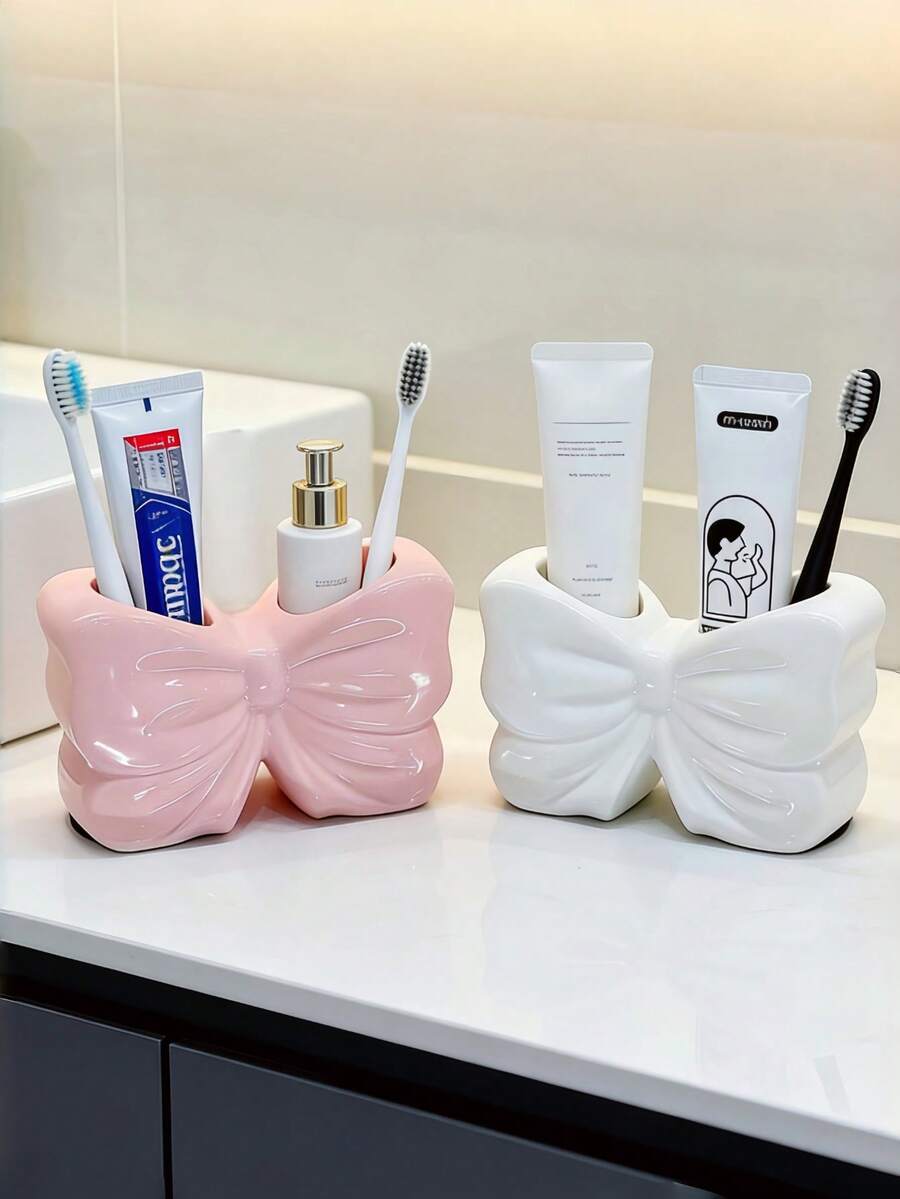1pc Bowknot Toothbrush Holder, Bathroom Vanity Toothbrush And Toothpaste Holder, Storage Rack Base. - Multicolor - View 1