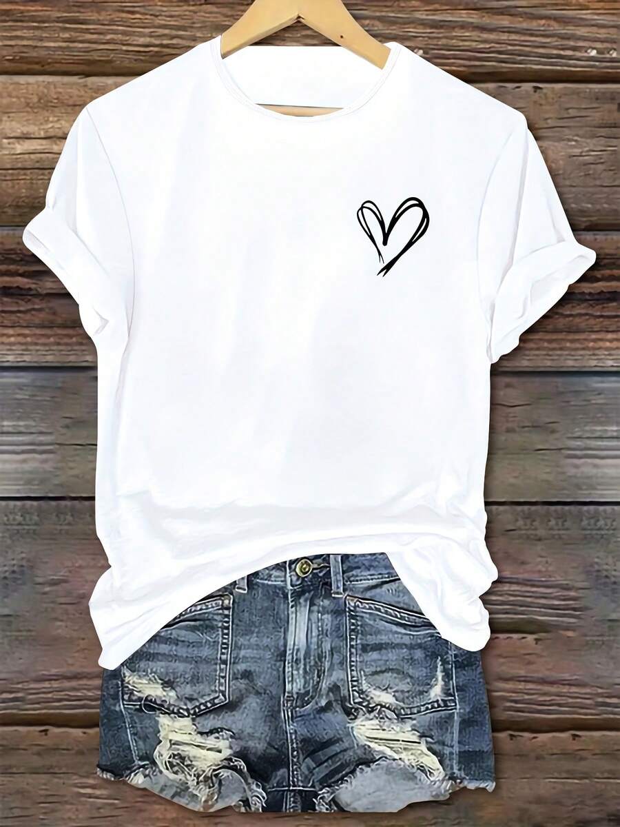 Loose And Comfortable T-Shirt With A Cute Heart Print, Perfect For Wearing At Home, Lounging, Outdoor Activities, Work, And Gatherings. Specially Designed T-Shirt With A Print. - 白色 - 查看 1