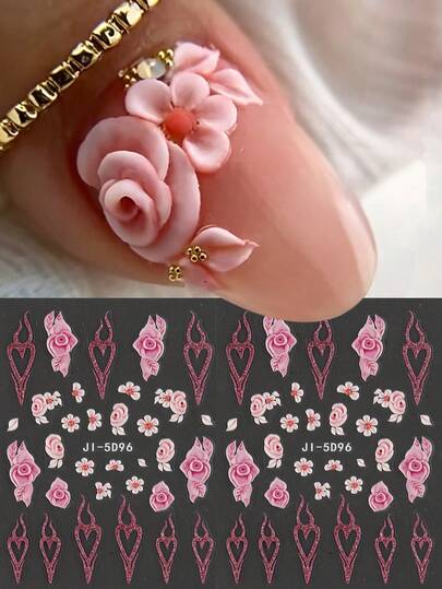 5D Embossed Pink Rose & Glitter Heart Nail Stickers, Self-Adhesive Floral Decals, Sweet & Gothic Dual-Style Nail Art Supplies, Perfect For Romantic, Edgy & Valentine's Day Manicure