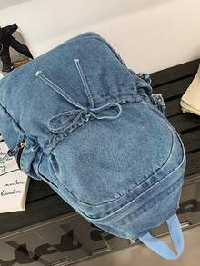 Mochila mini de mezclilla lavada vintage Y2K con bolsillos con cordón, adecuada para el estilo callejero estudiantil - Multicolor - Ver 4