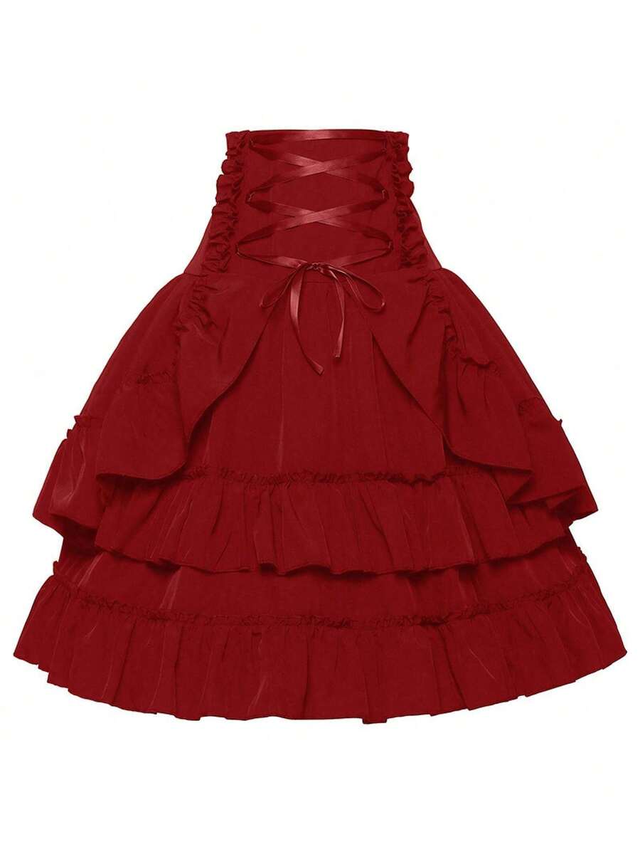 Women's Midi Skirt With Fitted Waist, Vintage Spring Style, Solid Color, Activity Dance Skirt, Cosplay Costume - Palace Skirt-red - View 1