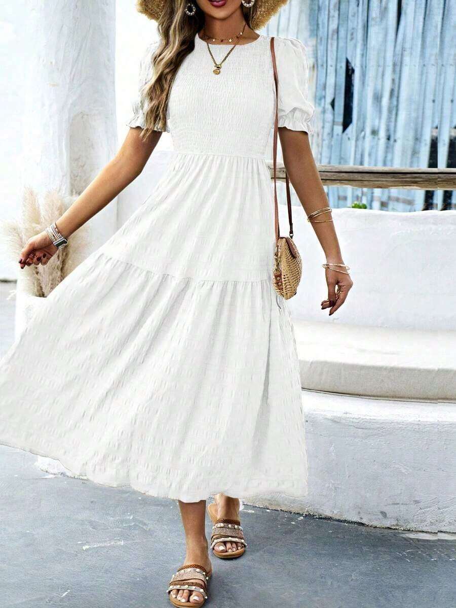 Vestido largo elegante de mujer con cuello redondo, mangas cortas abullonadas, plisado y casual de verano - Blanco - Ver 1