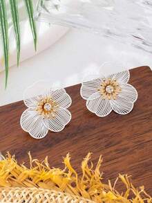 1 Pair Enamel Floral Drop Earrings, Lovely Flower Shape Earrings Pendants For Women, Daily Wear Jewelry - 黃金 - 查看 10