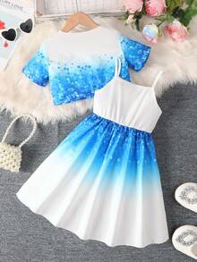 Set de 2 piezas de vestido casual de verano para niñas, que incluye un cárdigan de manga corta con estampado de moda y un vestido de tirantes con estampado de mariposa. Este conjunto de 2 piezas es un regalo perfecto para cumpleaños o festividades de niños, adecuado para uso al aire libre. - Azul - Ver 9