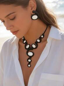 2 pièces/set Ensemble de bijoux géométriques noir et blanc de style bohème pour femmes, collier + boucles d'oreilles, convient pour les fêtes sur la plage, ensemble d'accessoires chics exagérés - Noir + Blanc - Voir 3