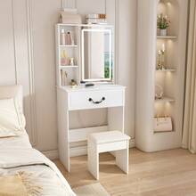 Dressing Table / Modern Mini Dressing Table / Dressing Table With Adjustable Lighting / With Illuminated Mirror And Hidden Storage Space / Including Upholstered Stool / Suitable For Bedrooms And Dressing Rooms - White - View 2