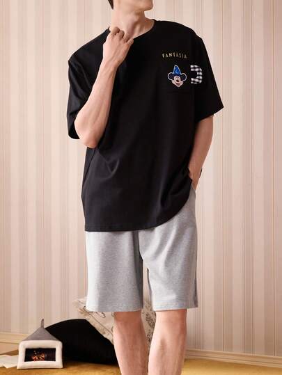 Gongdie Disney 2件套迪士尼男士夏季睡衣，迪士尼米奇印花短袖上衣和短裤套装，柔软家居睡衣