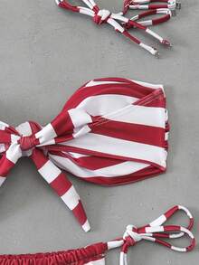 Bộ bikini sọc đỏ trắng thời trang nữ mùa hè 2026 với dây đeo hình bướm có thể tháo rời, đa năng cho tiệc bãi biển, kỳ nghỉ trên đảo, tiệc bể bơi, trang phục đi biển và nghỉ mát mùa hè. - Đỏ và trắng - Xem 5