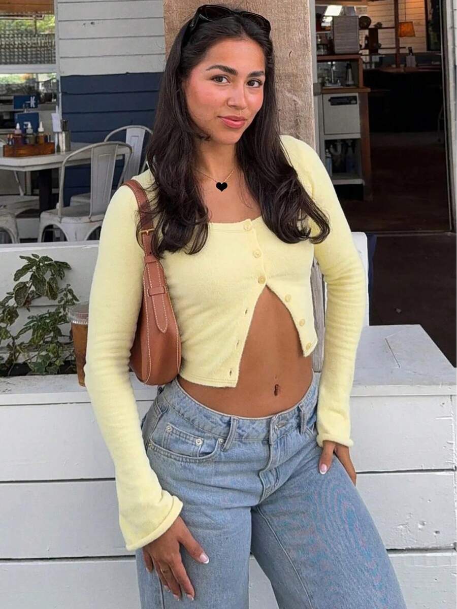 Hugcitar moda cuello cuadrado sólido manga larga acampanada botones Sexy Crop camiseta Top otoño mujer traje ropa de calle fiesta Festival - Amarillo - Ver 1