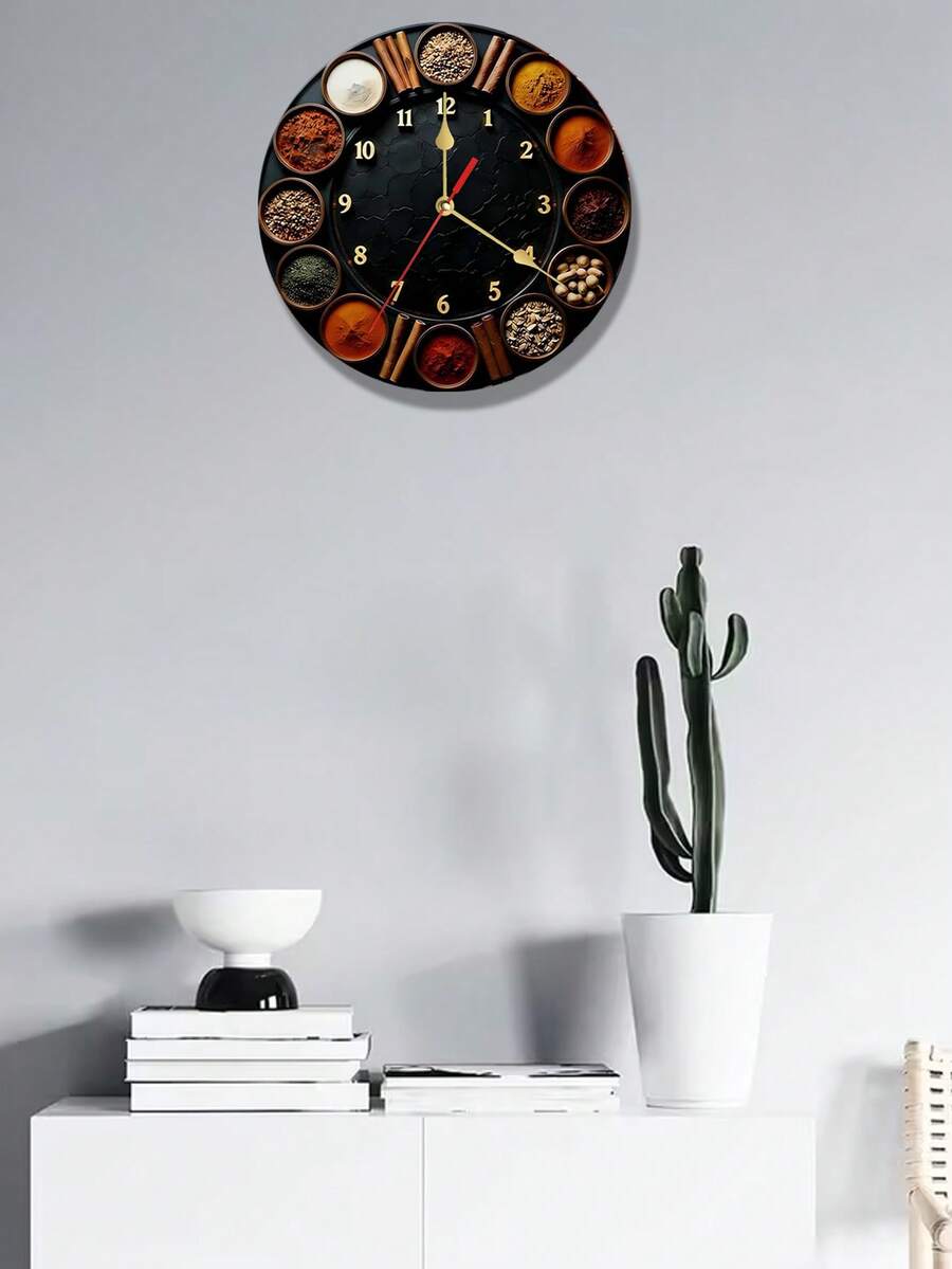 1pc 10/12 Inch Silent Round Wooden Clock With Various Spices And Seasonings, Quartz Movement, Multi-Color With Gold Accents, Battery Operated (AA Batteries Not Included), Suitable For Bedroom, Kitchen, Study, Garage, Christmas Decor, Living Room - Multicolor - View 1