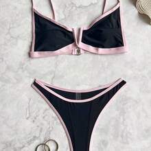 Swim  Women's Colorblock Cutout V-Neck Tankini Swimwear, Sexy European Style Swimwear For Summer Beach Vacation - Negro - Ver 6