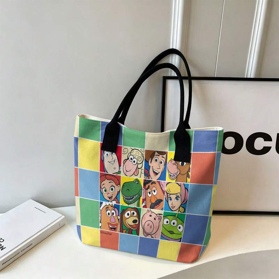 Túi tote in hình các nhân vật trong phim Toy Story của Disney Pixar, túi đeo vai bằng vải canvas dung tích lớn, túi xách tay thông thường dùng cho công sở, trường học, mua sắm, du lịch, sử dụng hàng ngày và trang trí nhà cửa. - màu đen - Xem 1