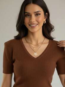 Modal Knit Blouse With V-Neck - Summer 2026 - 咖啡棕 - 查看 3