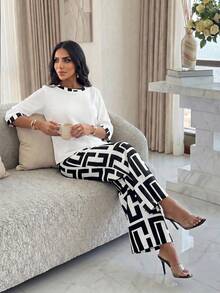 SHEIN Lady Bộ 2 món áo tay lỡ in họa tiết thường ngày dành cho nữ và quần dài - Đen và trắng - Xem 6