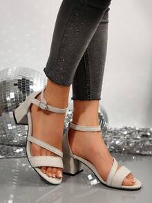 Women's One-Buckle Strap Chunky Heel Sandals, New Summer Solid Color Elegant Open Toe High Heel Sandals Suitable For Dress - Apricot - View 5