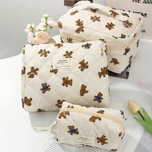 1pc Beige Striped Cute Bear Decor Zipper Multifunctional Cosmetic Bag, Can Be Used To Store Cosmetics, Toiletries, Hand Creams, Lip Balms, Nail Polish, Phones, Earphones, Sanitary Pads, Coins And Small Items - Multicolor - View 20