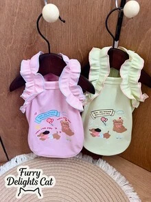 Chaleco de mascota bordado con gato feliz esponjoso, oso lindo y perro salchicha, chaleco de mascota de punto de algodón con mangas con volantes, transpirable y cómodo para primavera/verano, ropa adorable para perros adecuada para razas pequeñas/medianas, excelente para paseos diarios, juegos y sesiones de fotos - Multicolor - Ver 11