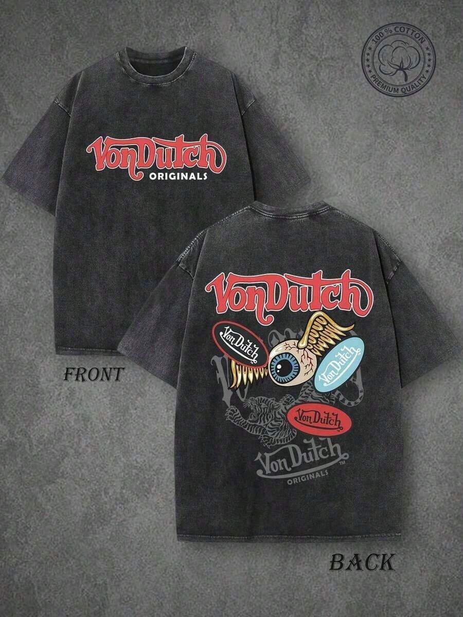 Vons Dutchs Originals Double-Sided Print Washed-Shirt, Flying Eyeball & Tiger Retro Kustom Kulture Graphic Tee, Premium Cotton Vintage Streetwear, High Quality-Shirt, Classic Washed Shirt, Washed Cotton-Shirt, Casual Style, Choice, Comfortable, Fashion Street Style Cotton-Shirt. Casual Short-Sleeve-Shirts Men And WomenCute & Casual Unisex-Shirts, Premium Fabric - 風格 - 查看 1