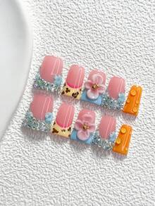 10Pcs Gentle Style Handmade Nail Art Set,Unghie Press On,Pink Diamonds And Blue Flowers Nail Art Accessories, Affordable Luxury Style,Includes Nail Tools,3 Sizes Available,Almond Nails , Duck Nails,Coffin Nails For Party, Dance, Daily Wear. - 彩色 - 查看 12